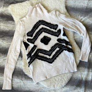 Ann Taylor LOFT Creamy White Turtleneck Sweater with Black Stitching Pattern